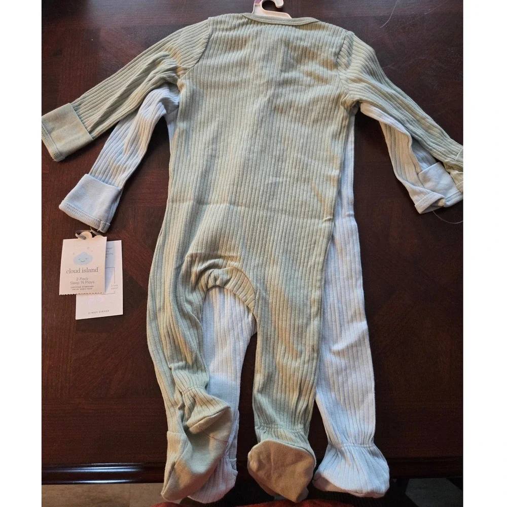 Cloud Island 2 Pack Sleep N Plays 3-6M Ribbed Blue Green Footed Zipper Pajamas